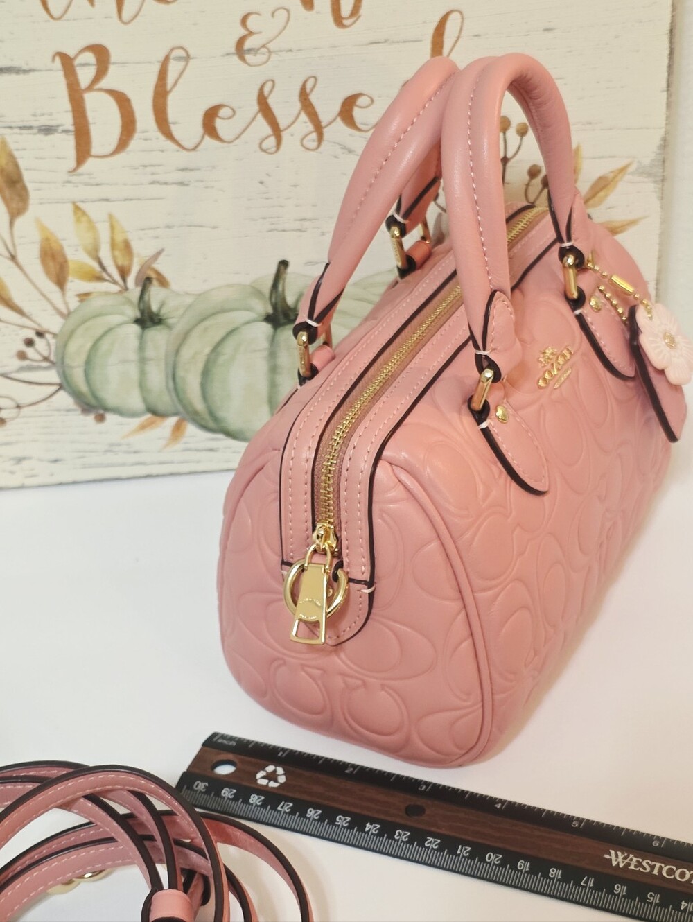 Coach Mini Rowan Crossbody Light Blush Gold CN754 + Tea Rose Coach Charm - Picture 6 of 16